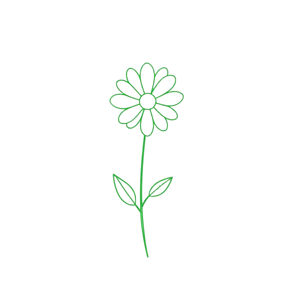 Neon outline drawing of a flower with a stem, leaves, and multiple petals on a black background.