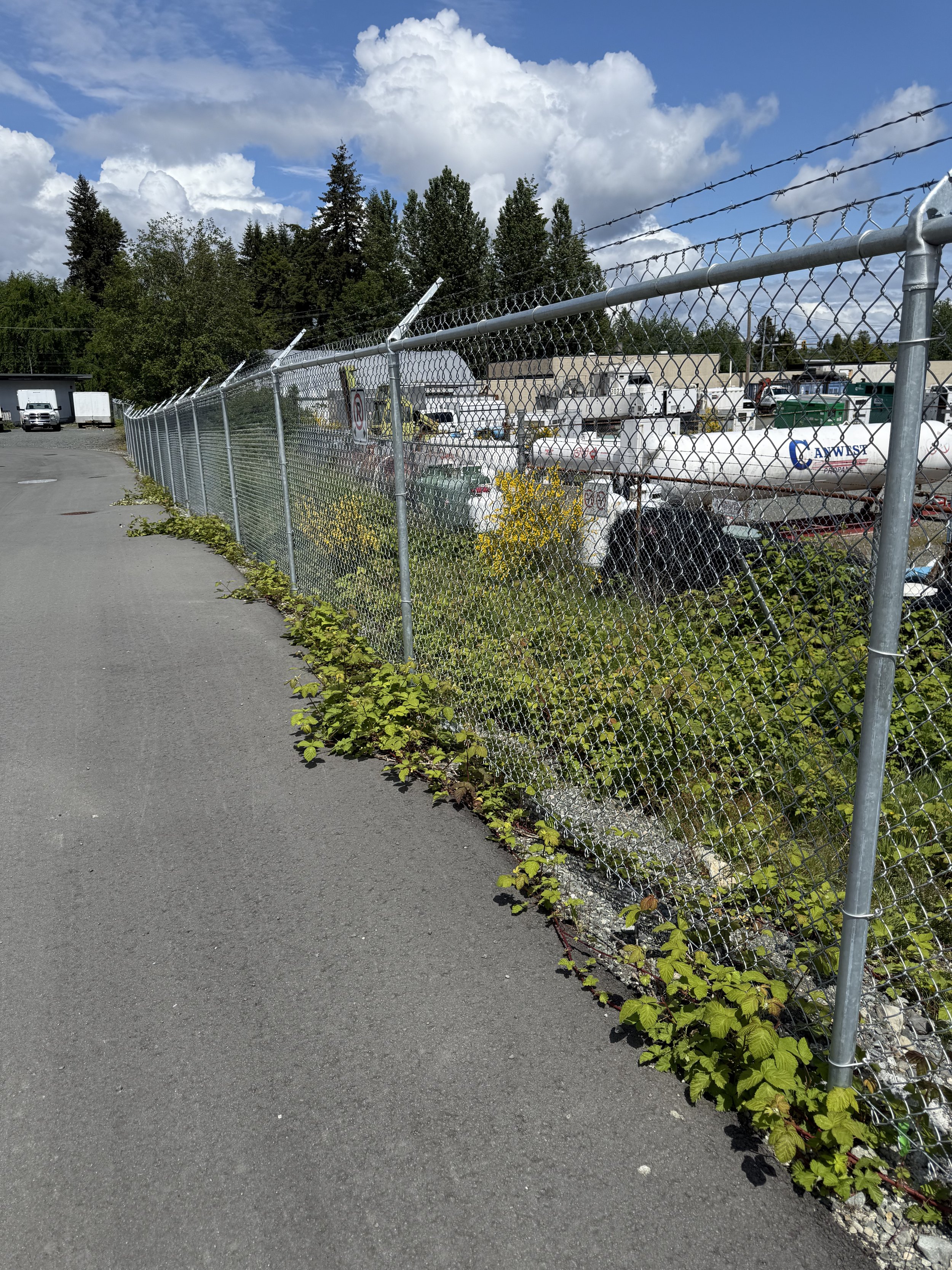 A chain-link fence beside a paved sidewalk, with green plants growing along its base. Behind the fence, there are various tanks, vehicles, and industrial equipment. The sky is partly cloudy with blue patches and white clouds, and there are trees in t