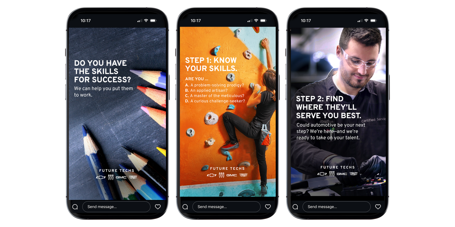 Three smartphones displaying images of people engaging in different activities with text overlays. The first shows colored pencils and text about skills for success, the second features a person climbing a rock wall with text about knowing your skills, and the third shows a man working with machinery with text about finding the right place for your talent.