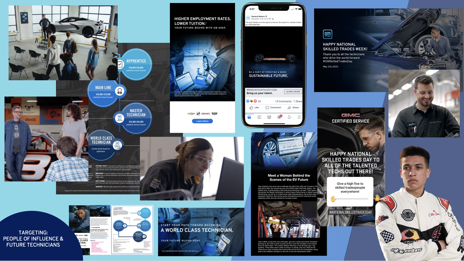 A collage of images featuring automotive career training, with scenes of students and technicians working on cars, promotional graphics about skilled trades, and text celebrating National Skilled Trades Week. It includes photos of people in a classroom, a car workshop, and a race car driver, along with visual elements like social media posts, infographics, and banners promoting career paths in the automotive industry.