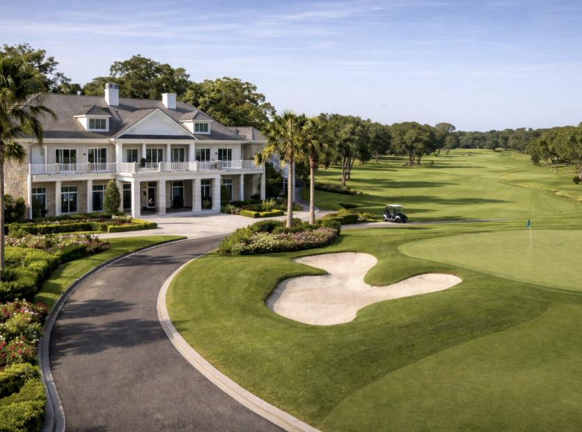 A luxury house with a large balcony, surrounded by lush landscaping, on a golf course with sand traps, green grass, and trees.