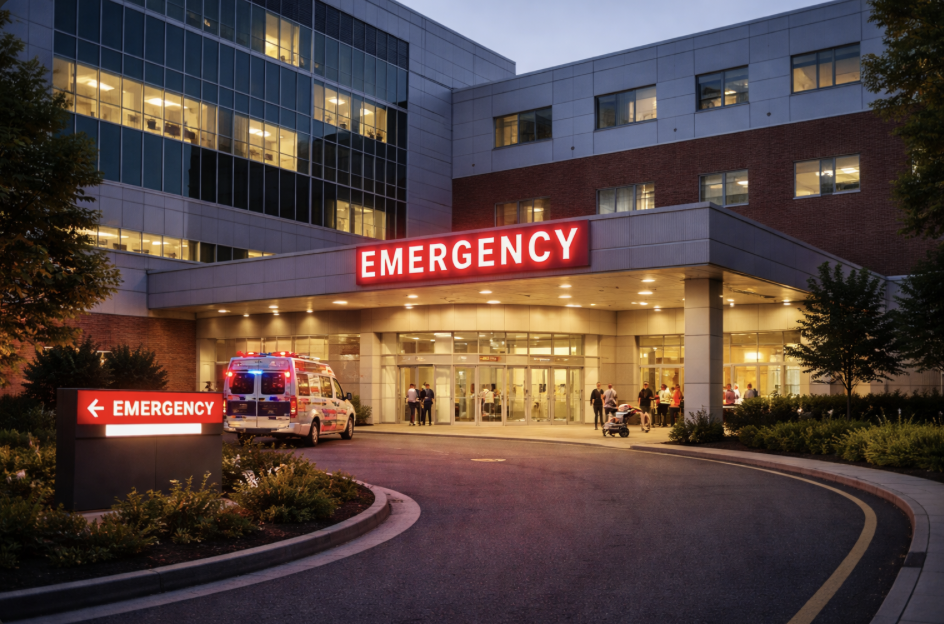 Hospital emergency entrance with a bright red neon 'EMERGENCY' sign, ambulance parked outside, and people near the entrance at dusk.