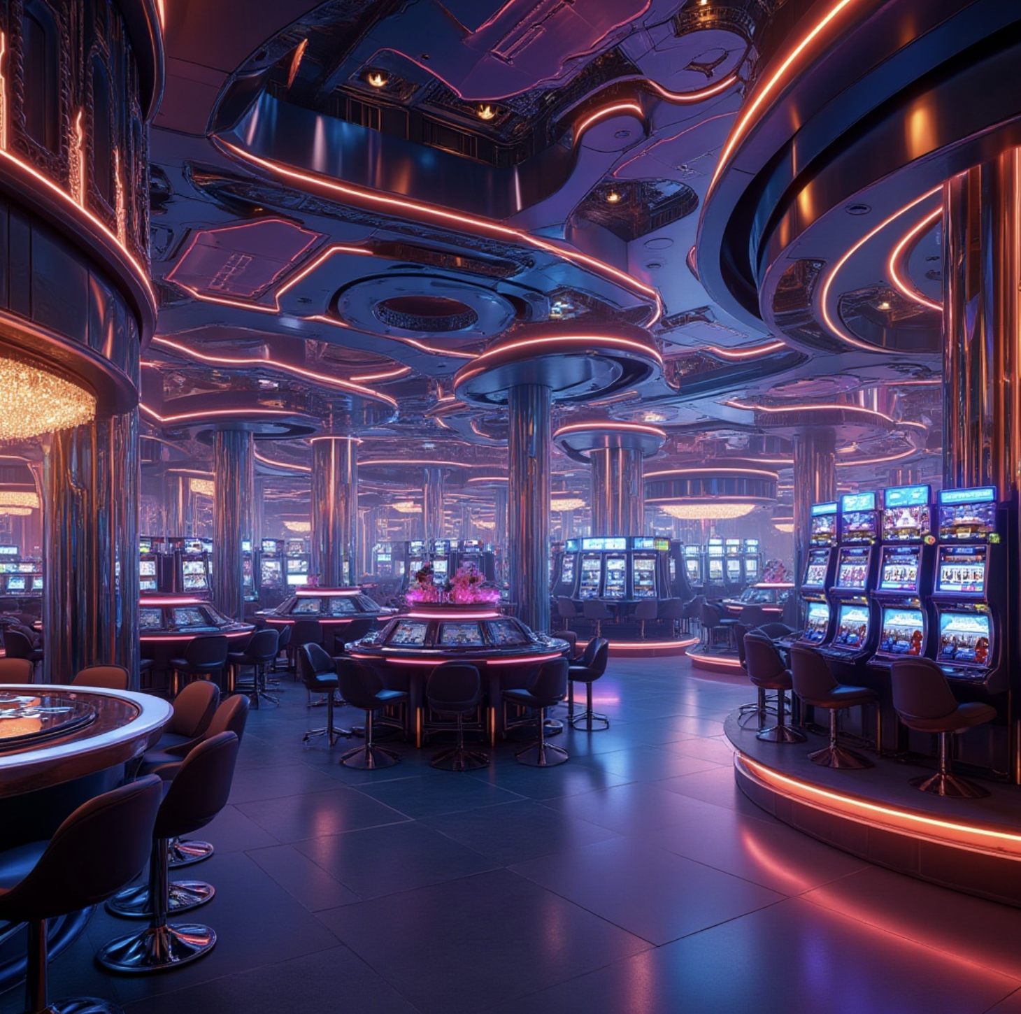 A modern casino with rows of slot machines, illuminated by vibrant pink and purple neon lights, with sleek black chairs and reflective chrome columns.