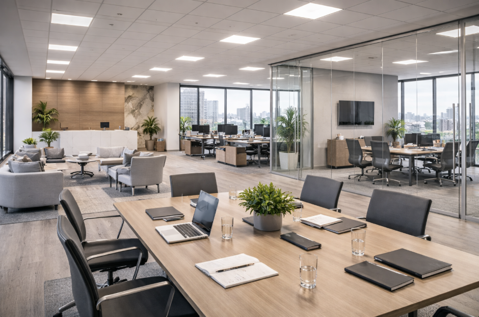 Modern corporate office with glass-walled meeting rooms, conference table with laptops and notebooks, comfortable lounge area with sofas and armchairs, large windows showing city skyline, and indoor plants.