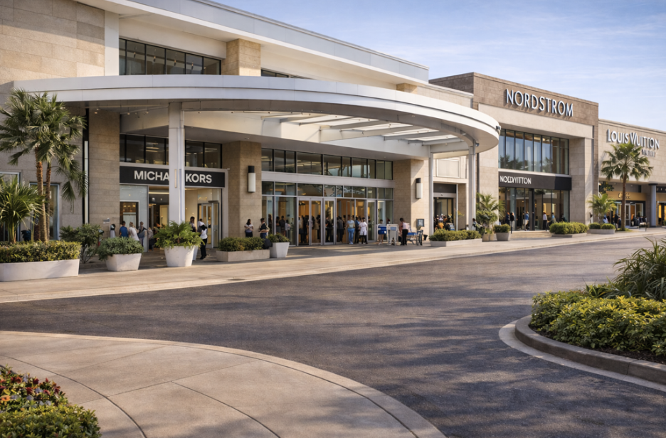 Exterior of a shopping mall with brand stores like Nordstrom, Louis Vuitton, and Michael Kors, with people entering and exiting, surrounded by landscaped plants.
