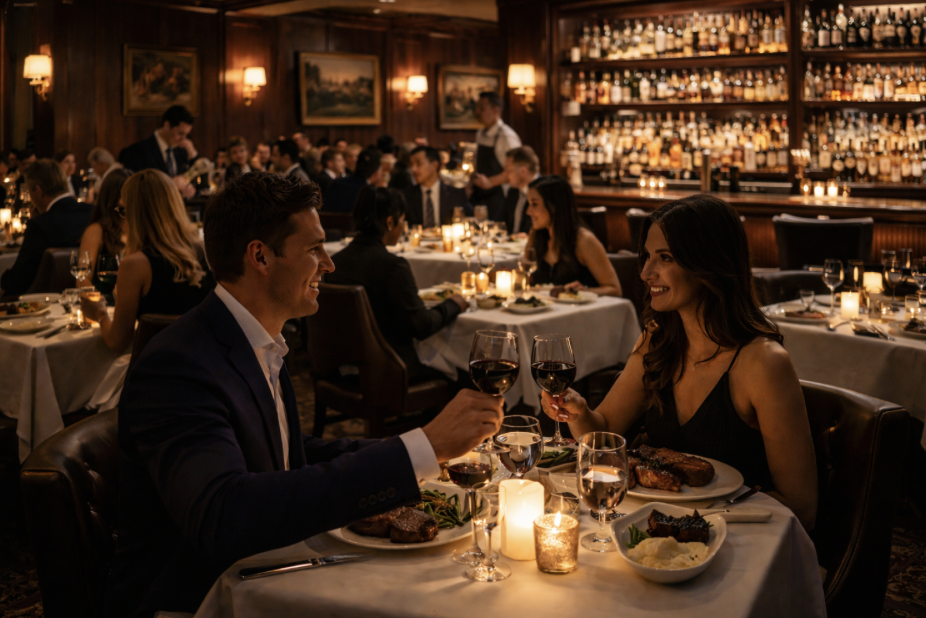 A couple toasting with red wine in a dimly lit upscale restaurant filled with people dining and a bar with bottles on shelves in the background.