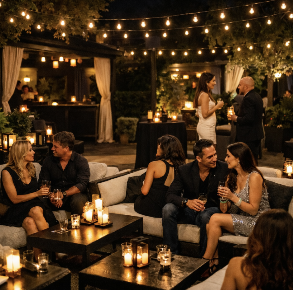People enjoying a nighttime outdoor party with string lights, candles, and elegant seating.