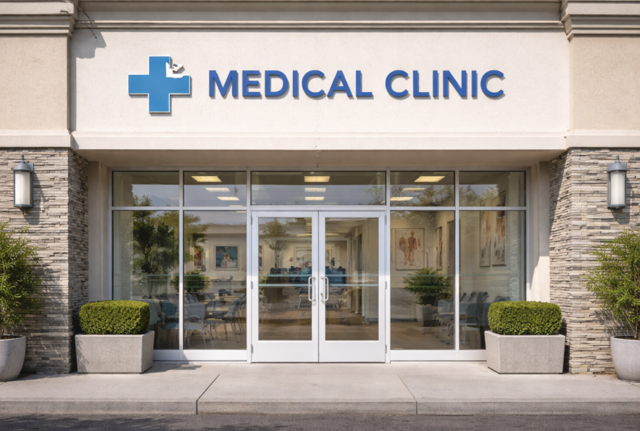 Front of a medical clinic with glass doors, potted plants, and a sign that reads 'Medical Clinic' with a blue cross logo.