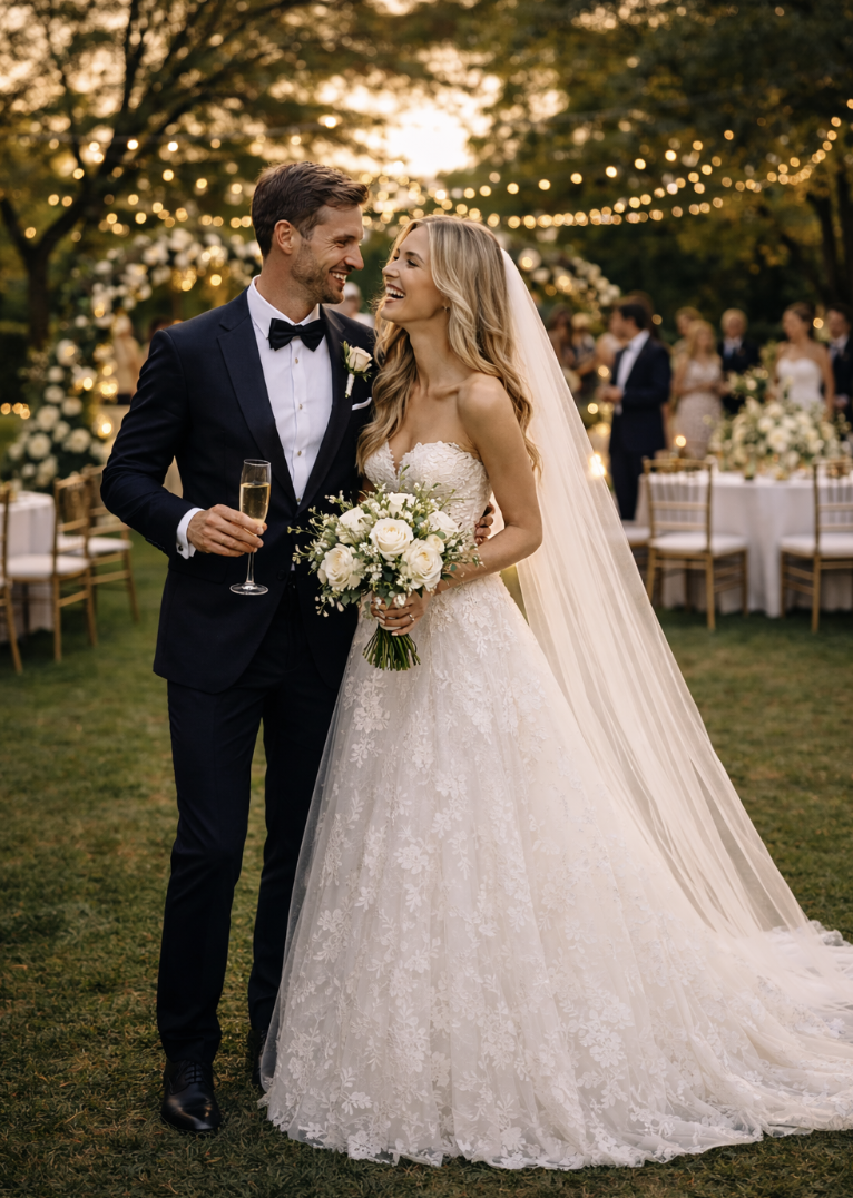 Bride and groom smiling and holding a champagne glass at their outdoor wedding reception during sunset, with string lights and floral decorations in the background.