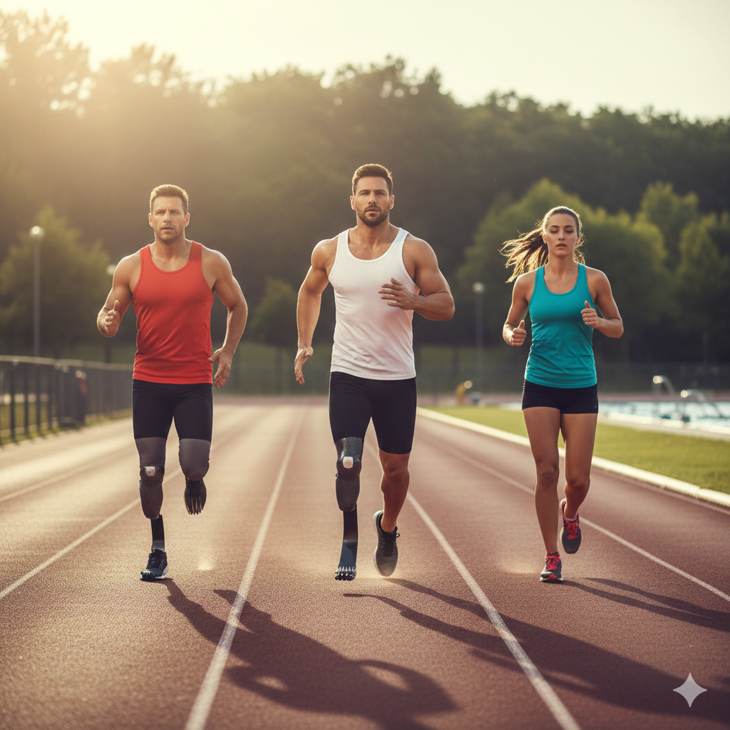 Image of three people running, two runners are usingh prostitic legs
