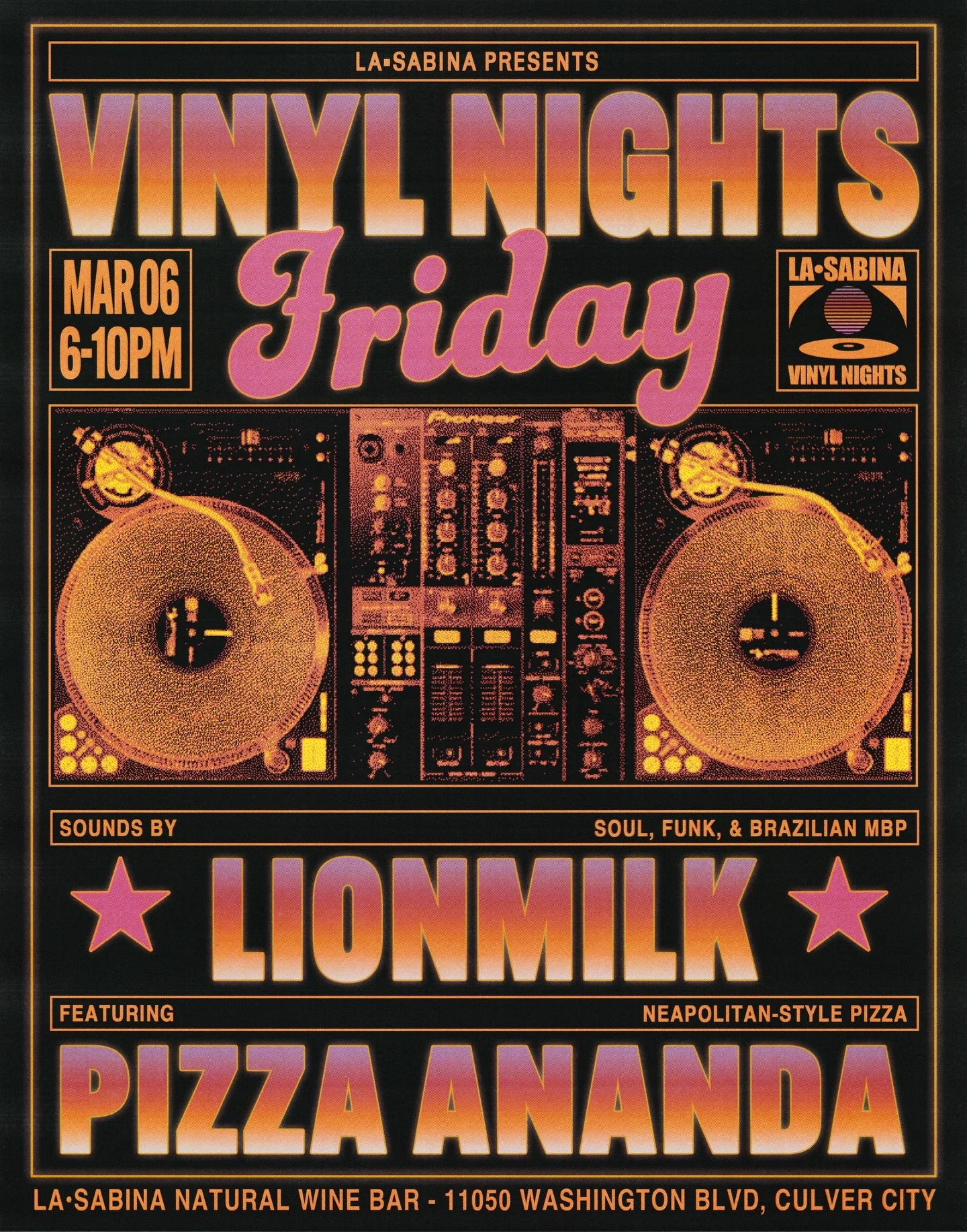 This Friday the great @pizza.ananda returns to the patio for our monthly Vinyl Night! 

We&rsquo;ve got a very special guest joining us on the decks by the name of @lionmilk_ . An incredible LA-based producer and artist, Lionmilk pulls from an endles