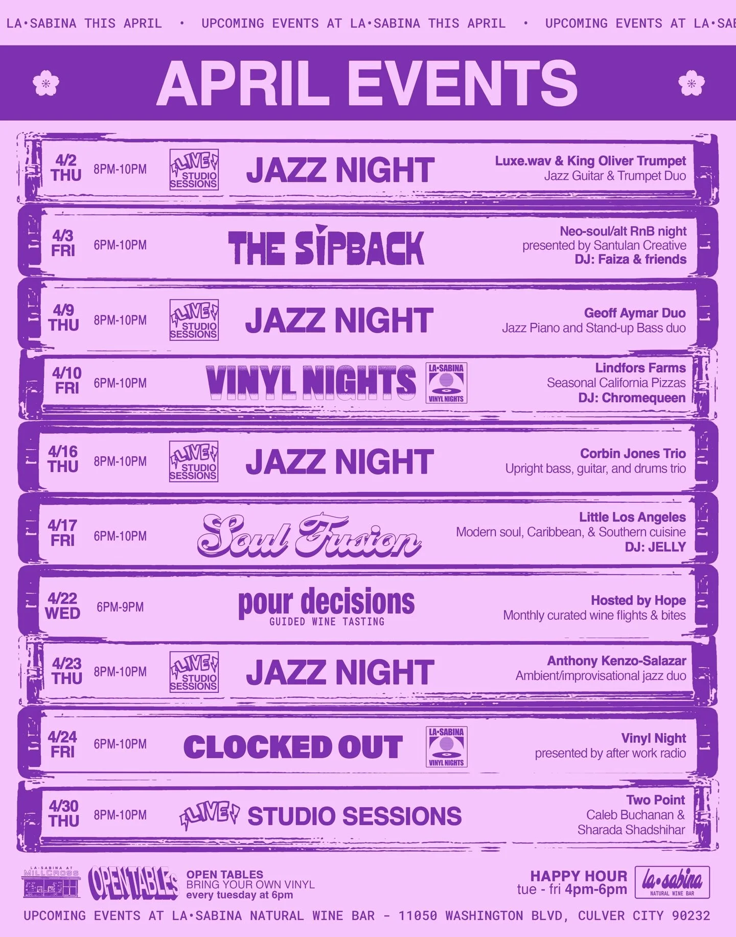 APRIL EVENTS 🌸🗓️

Springtime at the bar. Plenty of fun nights ahead as we mosey our way to Summer. Take a look and save some dates! 

Thursday 4/2
- Jazz Night with @luxe.wav &amp; @kingolivertrumpet 🎸🎺

Friday 4/3
- &lsquo;The Sipback&rsquo; - a