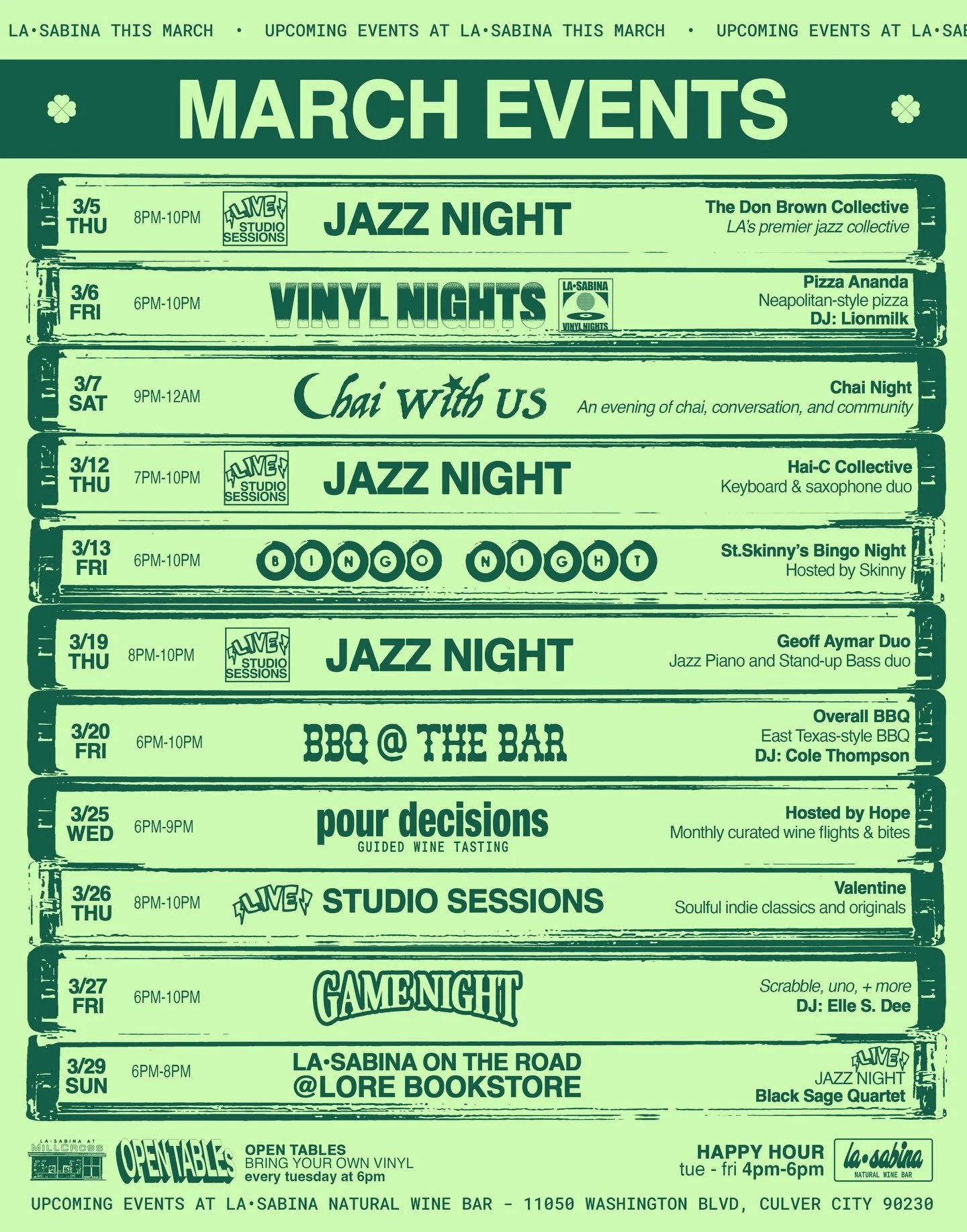 MARCH EVENTS 🍀🍷

Goin&rsquo; strong here on the corner! Lots of fun nights planned for the month. Take a look and mark your calendars 👀✍️

Thursday 3/5 
- @thedonbrowncollective returns for Jazz Night 🥁🎶

Friday 3/6
- @pizza.ananda x @lionmilk_ 