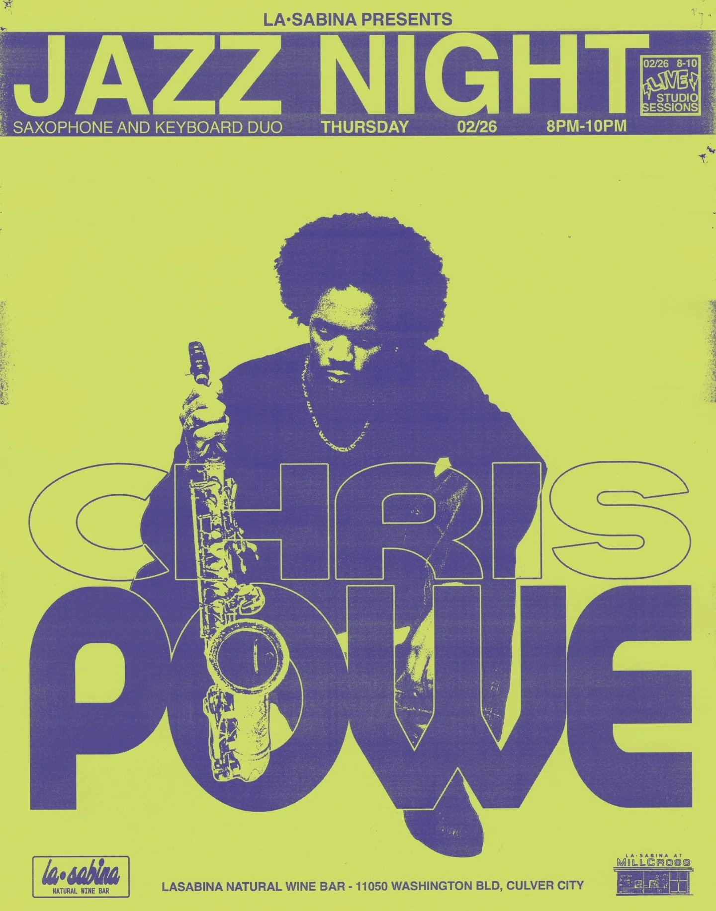 Join us this Thursday evening for our final Jazz Night of February, featuring a very special performance by one of LA&rsquo;s finest rising jazz talents, Chris Powe @chrispowemusic . He&rsquo;ll be playing saxophone along with @veritusmiller on keys.