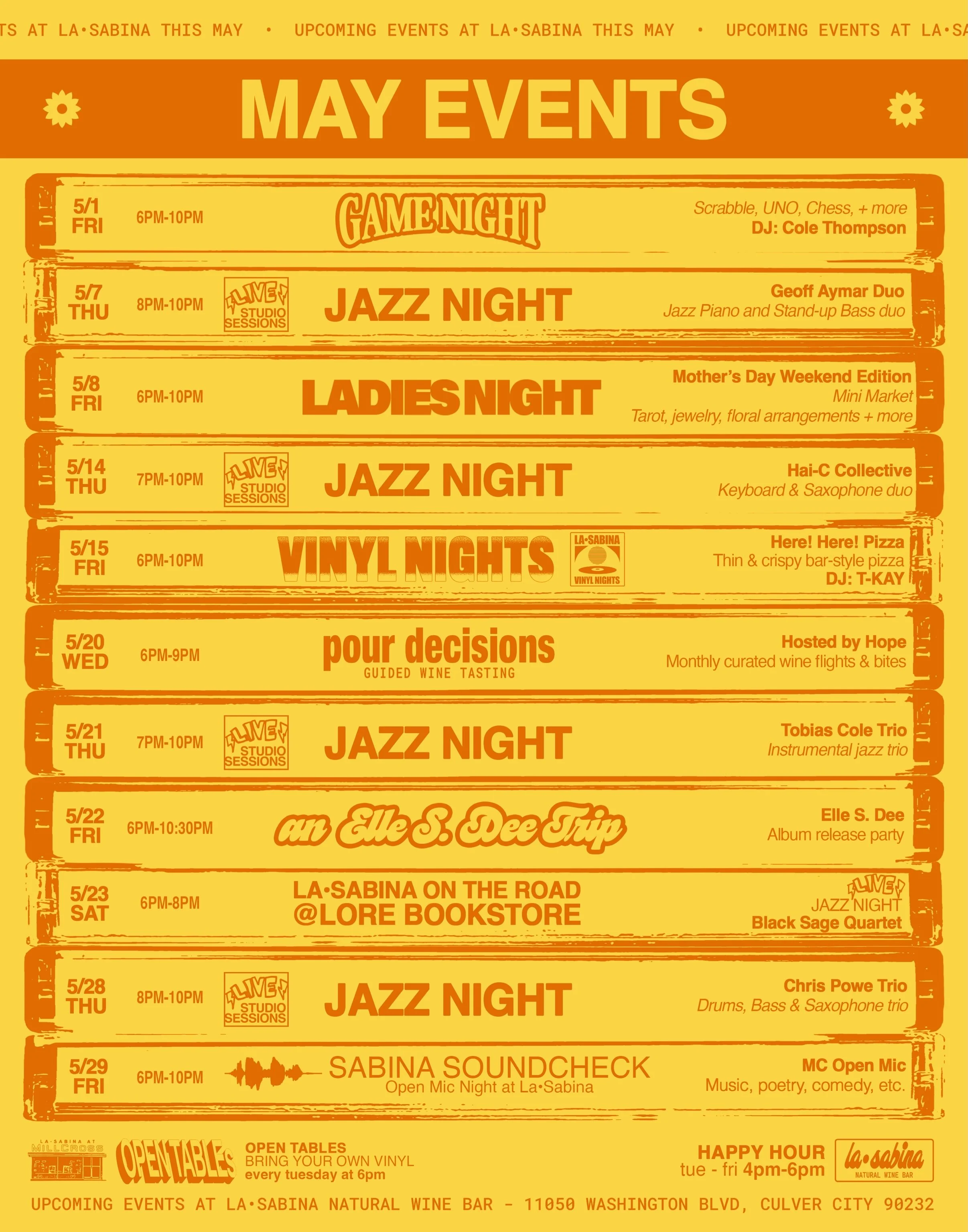 MAY EVENTS 💐🌻

The months are passing by&hellip; plenty of lovely evenings planned ahead here on the corner! DJs, live music, great wine and more 🍷 check out what&rsquo;s coming up next at La Sabina below 🗓️

Friday 5/1
- Game Night with @colethm