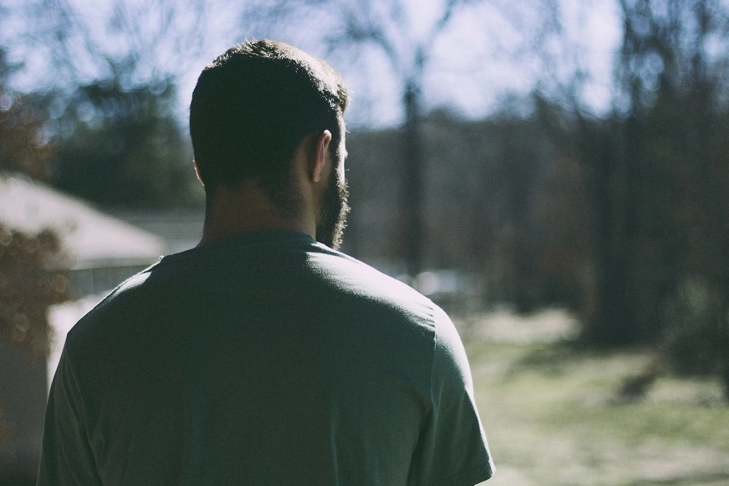 Back view of a man with dark hair and beard, standing outdoors in sunlight, in a yard or garden area with trees and grass.