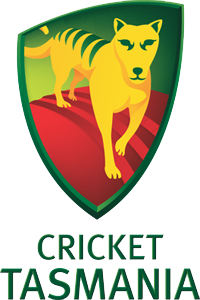 Cricket Tasmania logo featuring a yellow and green dog on a red and green shield background.