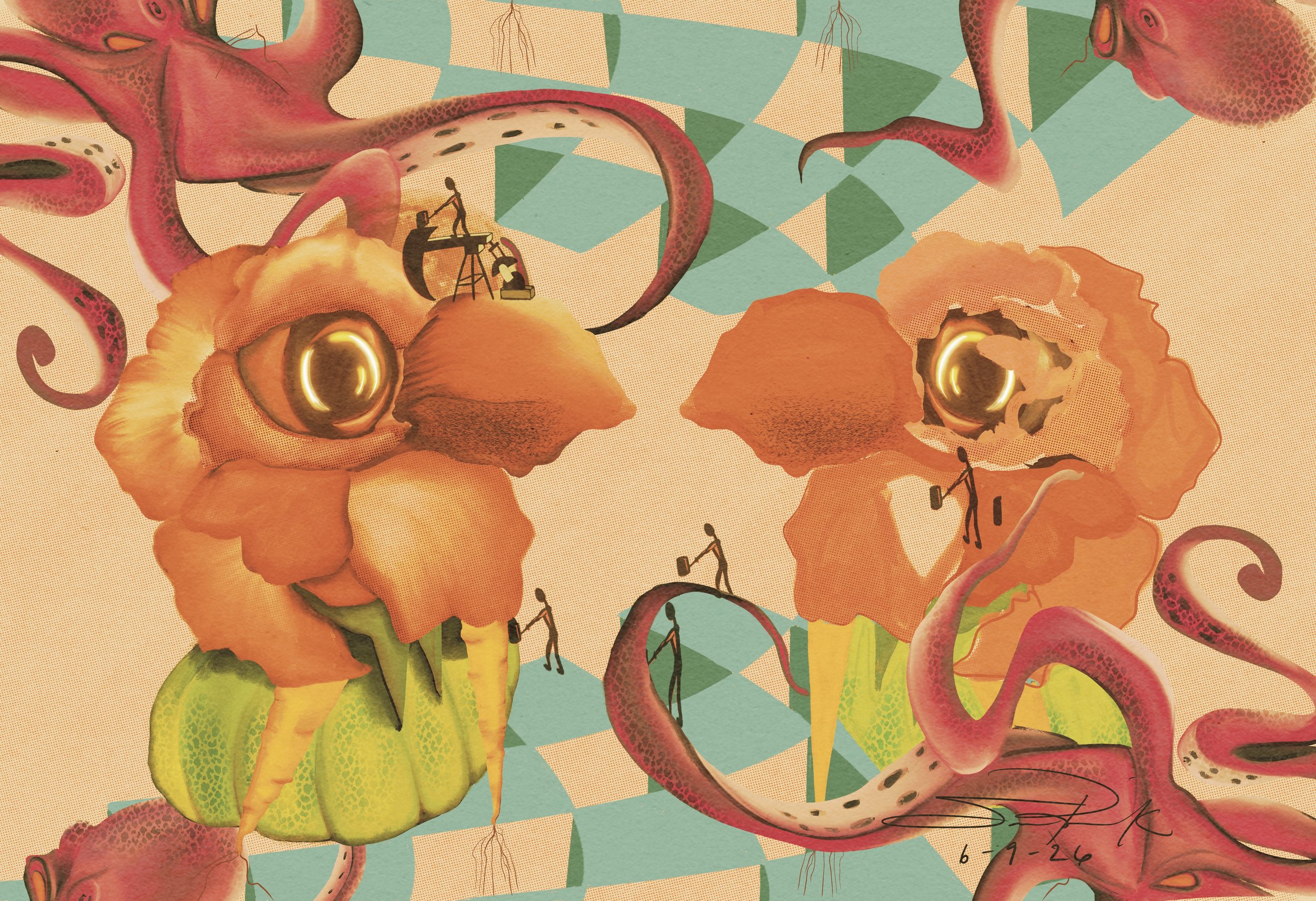 Surrealists depiction of a self portrait in bold but muted colors with vegetables and roses morphing, a giant octopus that wraps around the back of the piece to the front with a morphed checkered floor and ceiling and little silhouettes of oil worker