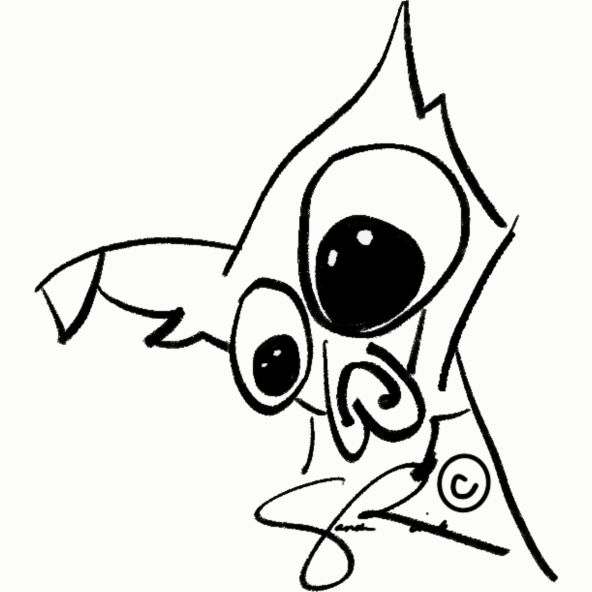 Black and white cartoon drawing of a small dog with large eyes, pointy ears, and a tiny nose.