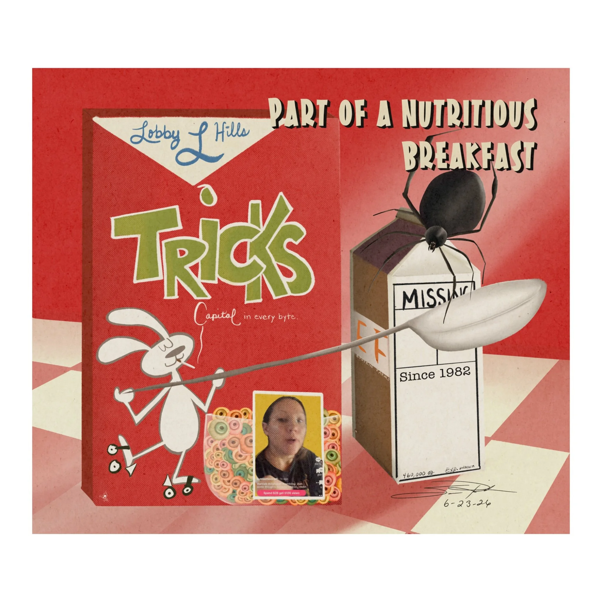 political pop art featuring satire trix bunny and milk like a breakfast commercial with subtle jabs at corruption.