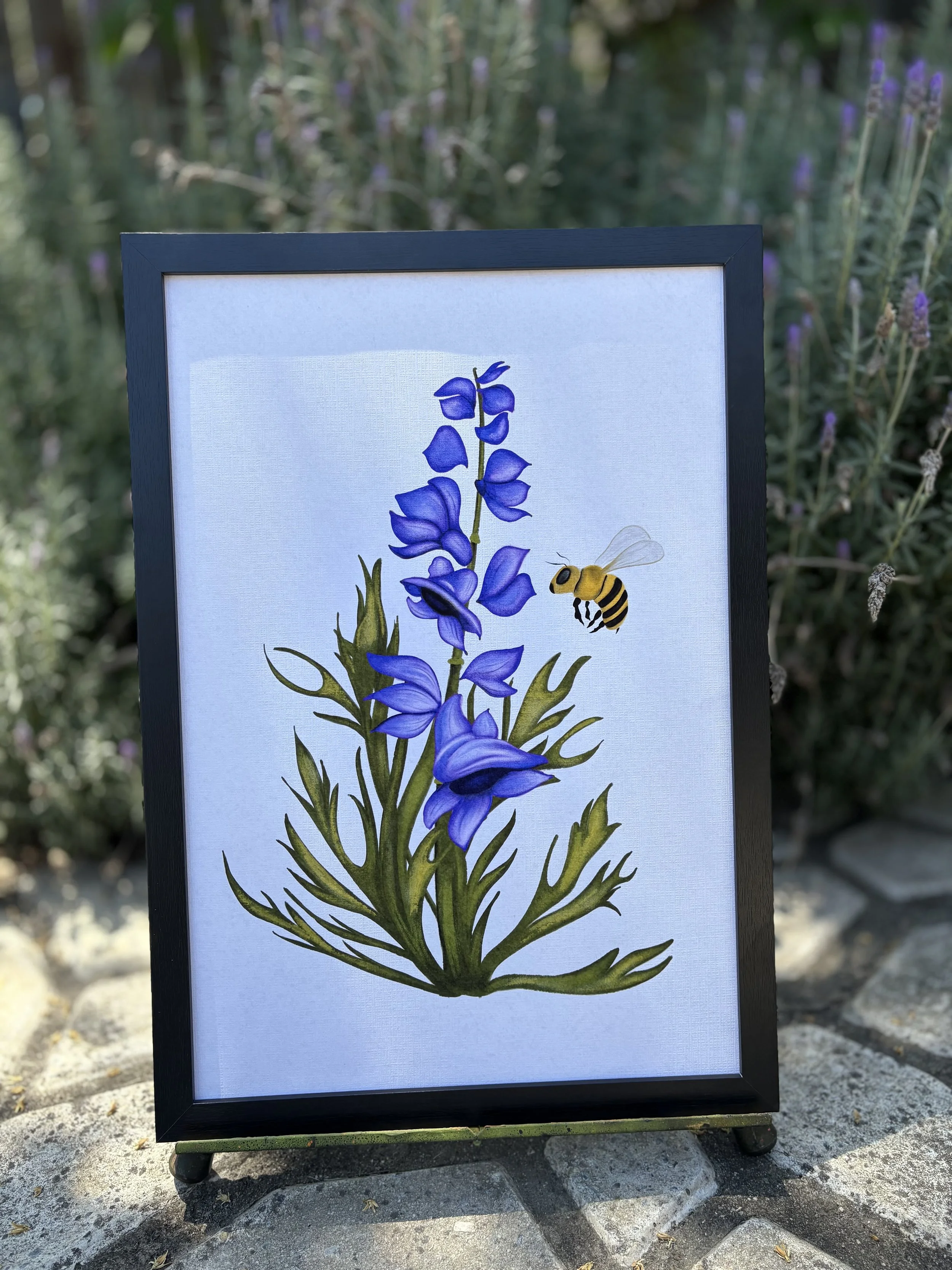 violet purple wolfsbane and bee in gauche, bold colors on creamy background.
