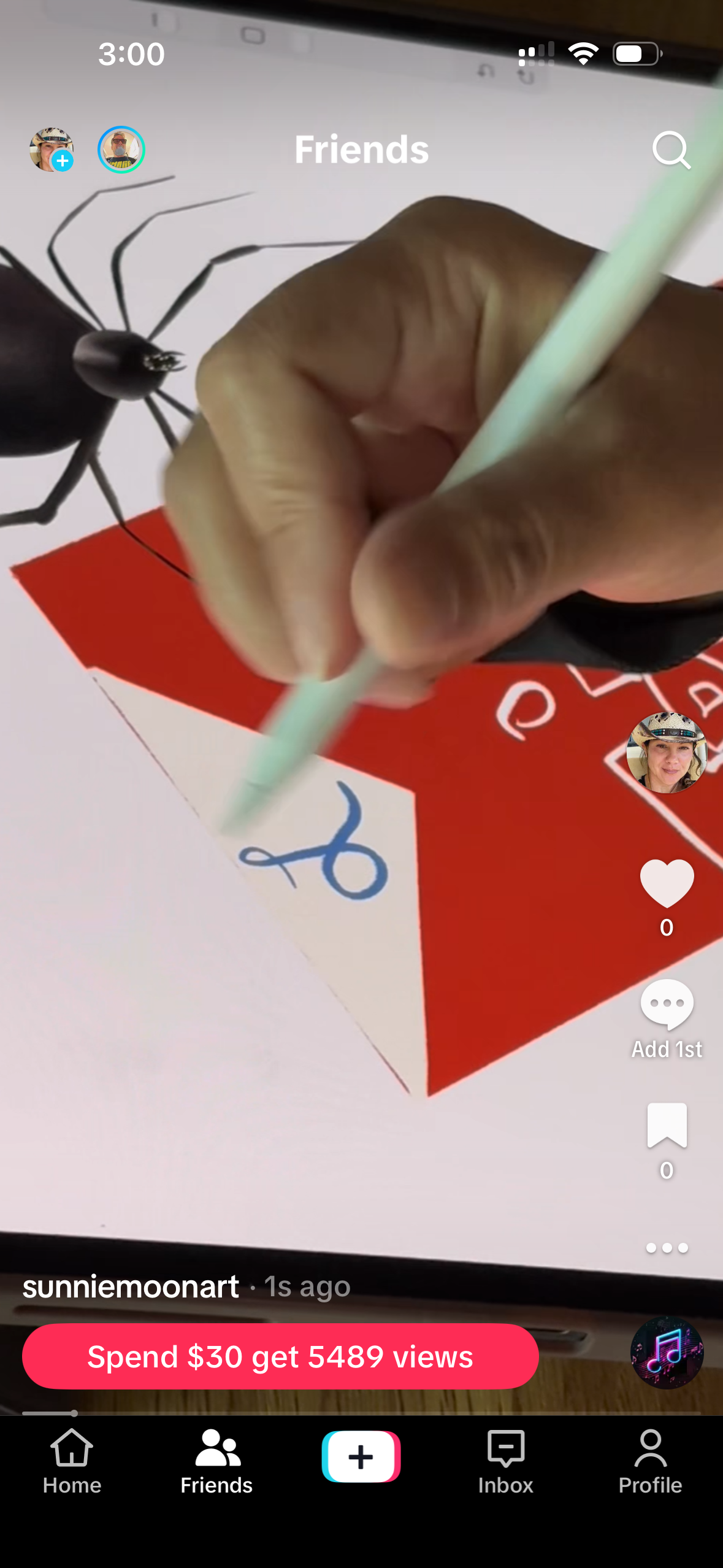Screenshot of video posted to TikTok with immediate "spend $30 et 5489 view" button.