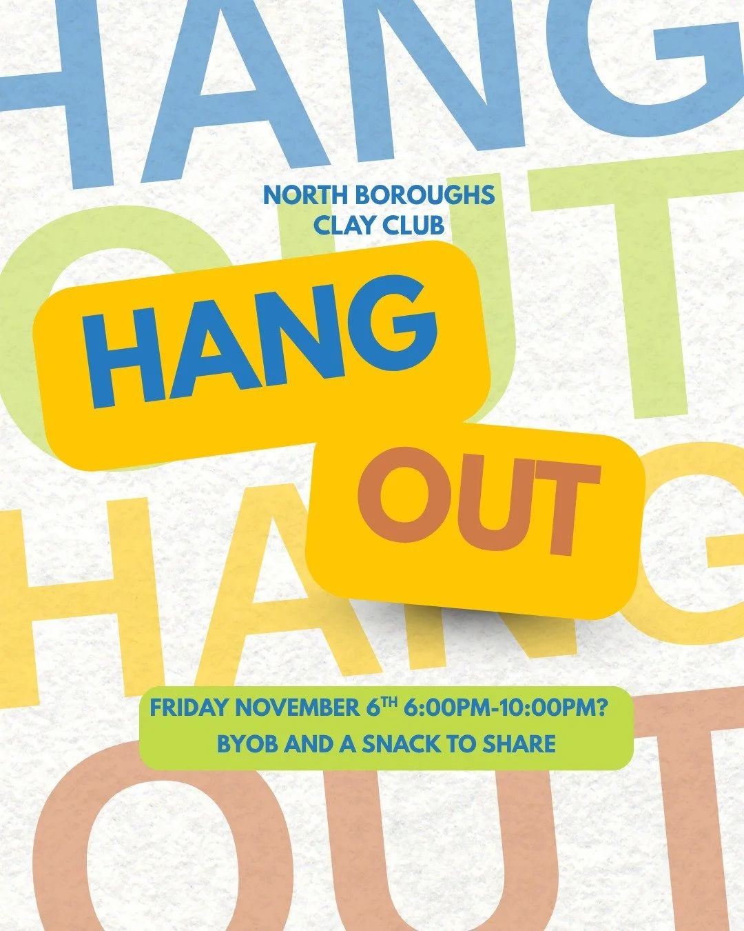 Clay Club people, let's hang out! 💛

We're hosting a Club night at the Studio. 

Just a night to hang out, get to know your fellow clay people, snack, sip, and have some fun together!

✨ **What's happening?**
🎡 Clay games at the wheel (prepare for 