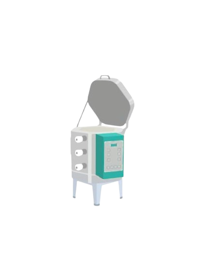 A medical sterilizer or autoclave with an open lid