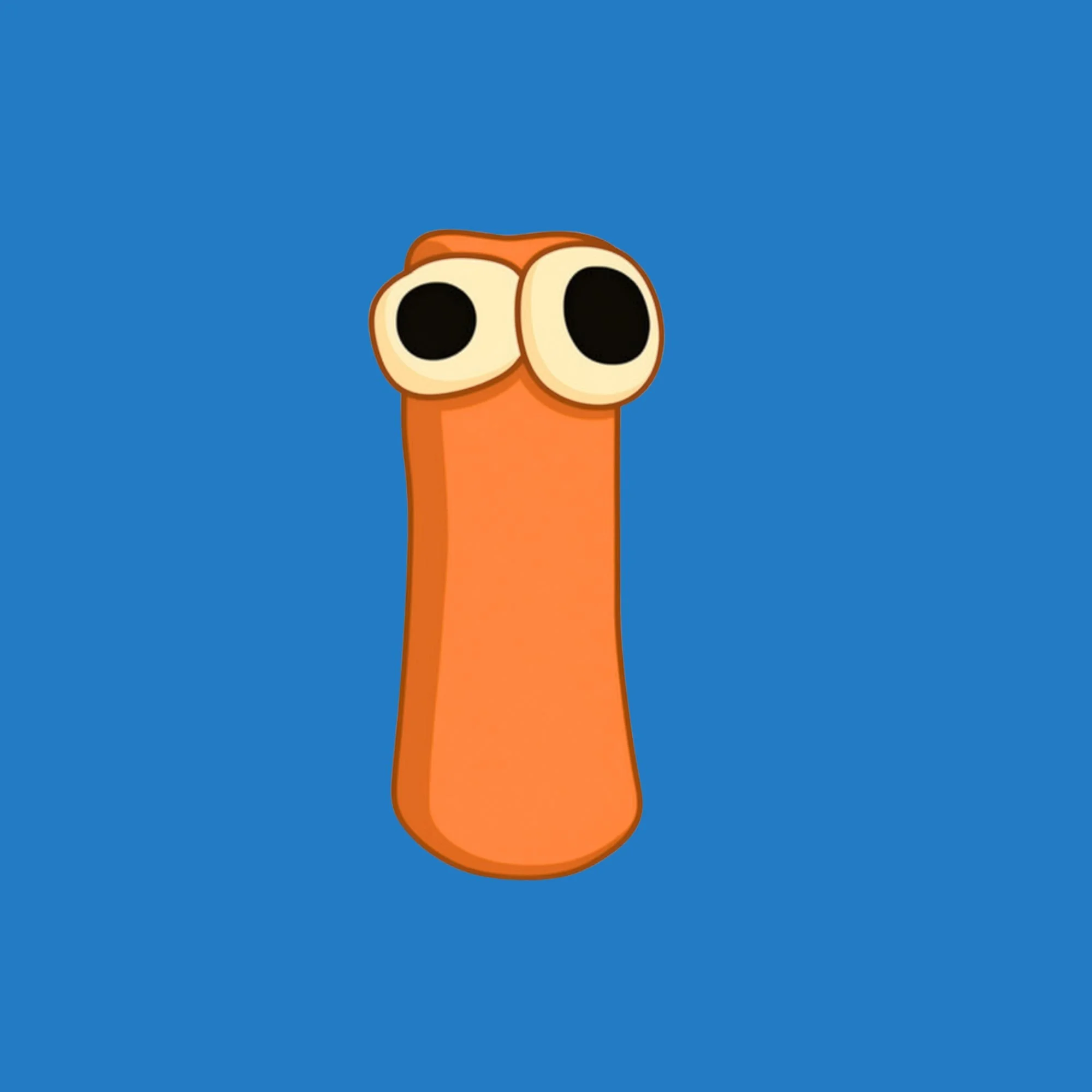 Animated orange cartoon character with large black eyes and a rounded nose on a blue background.