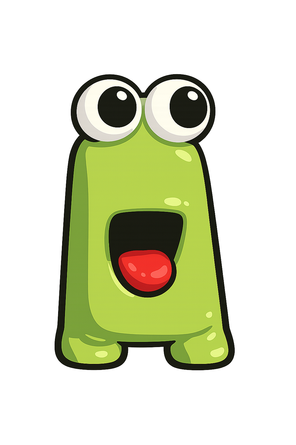 Cartoon green monster with large eyes and an open mouth showing a red tongue, standing on a dark background.