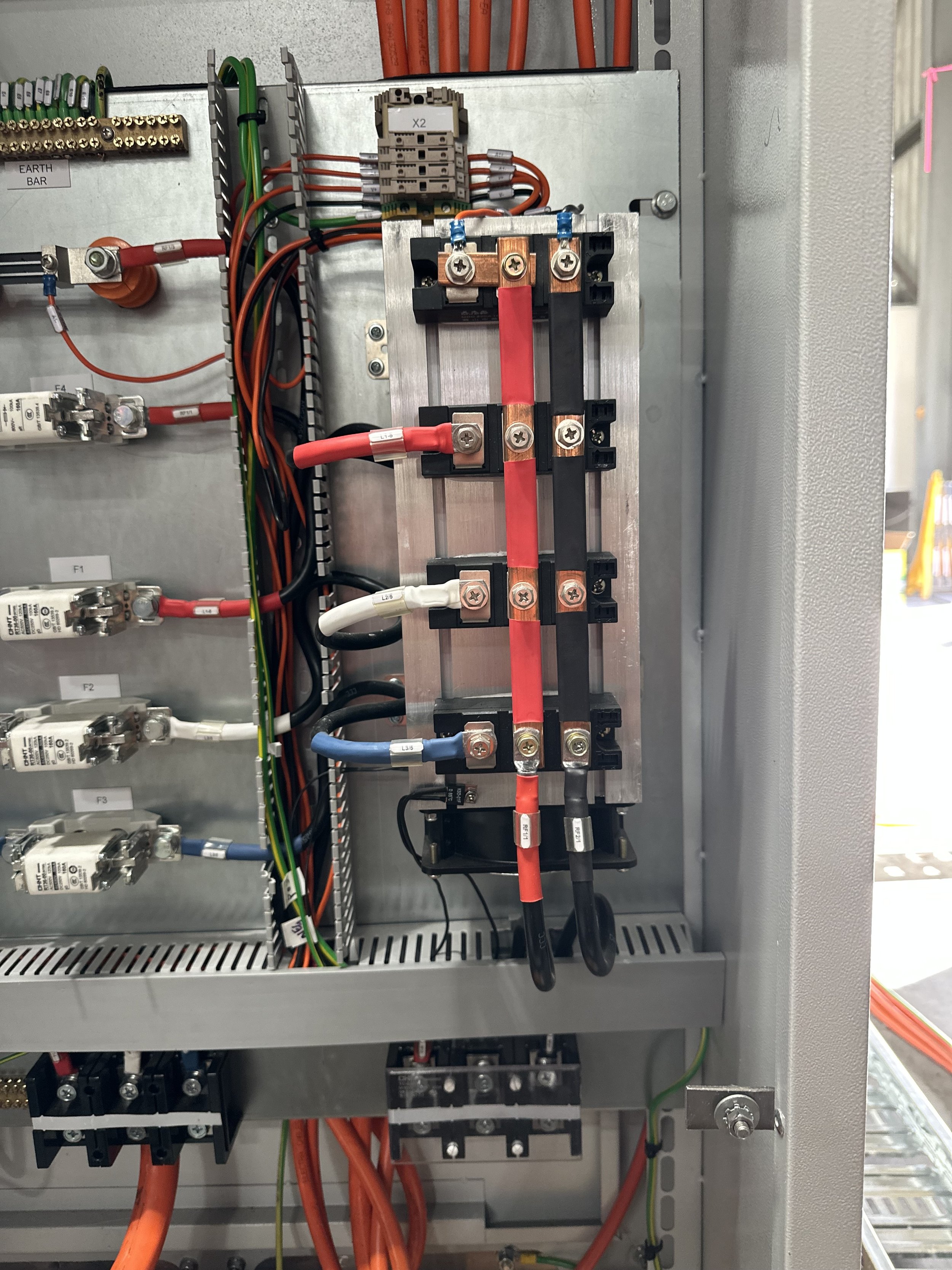 Copper busbar chamber inside an industrial distribution board