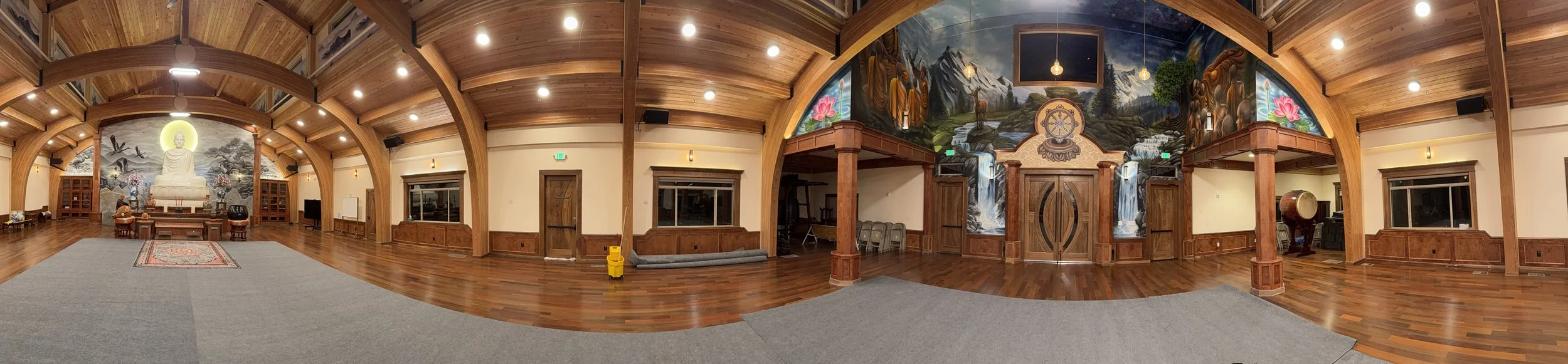 panoramic photo of full buddha hall monastery murals finished