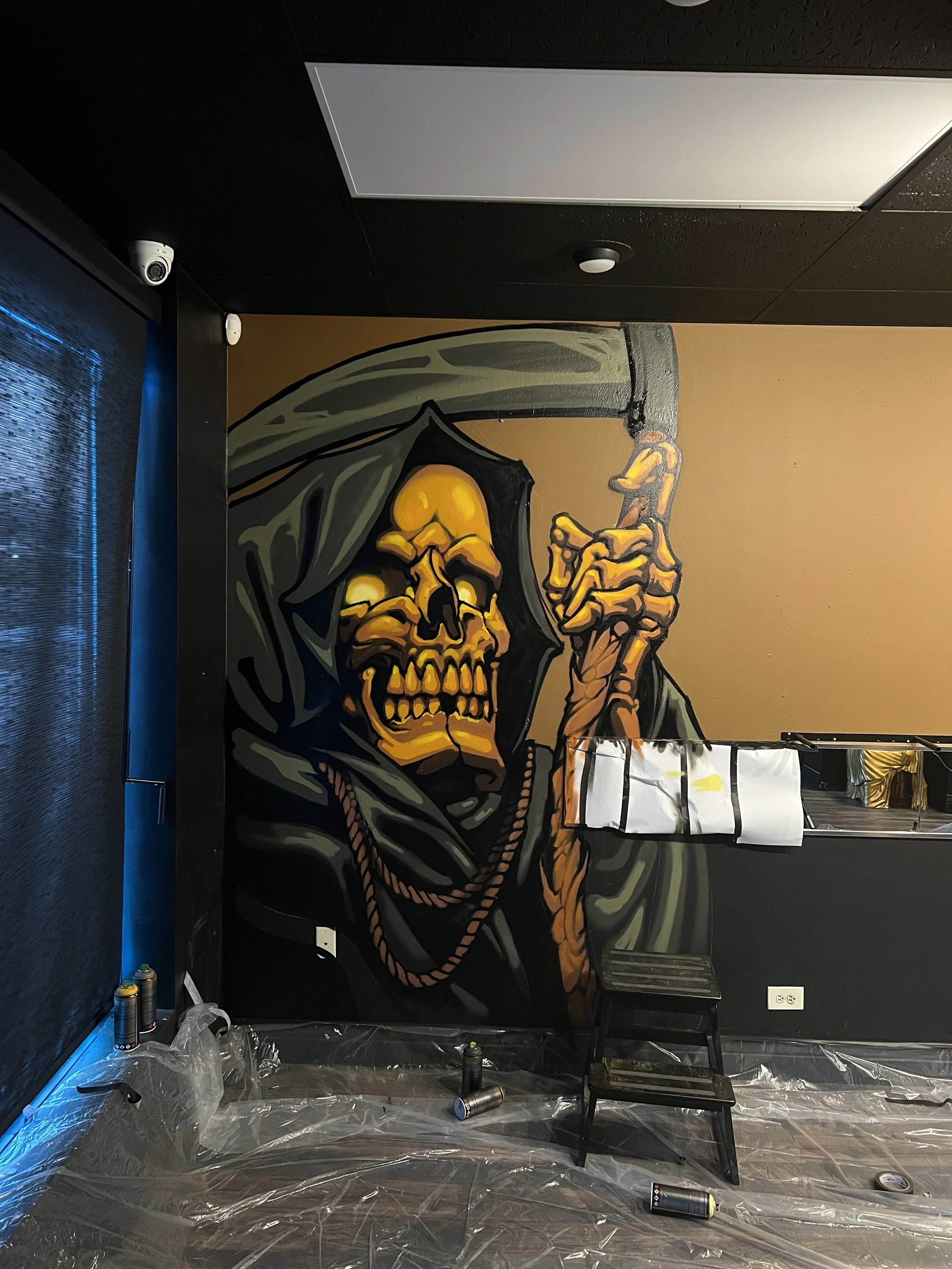 Reaper graffiti mural painting by Jewp inside of The Crucible Tattoo in Lakewood Colorado