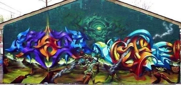 Brale and Presh graffiti wall painted in Pueblo, Co circa 2001. spray paint on stucco