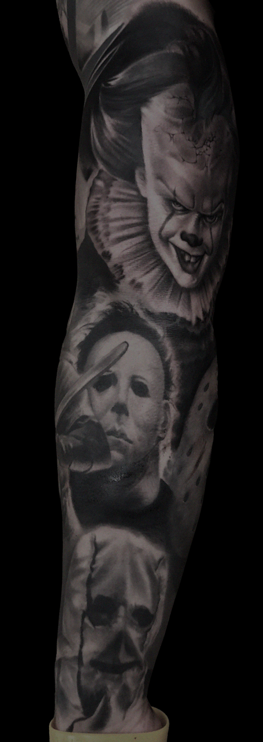 HowA horror sleeve realistic, portrait, tattoo featuring horror, movie figures like Pennywise from Stephen King, Jason Voorhees from predator 13th series and Michael Myers from Halloween
