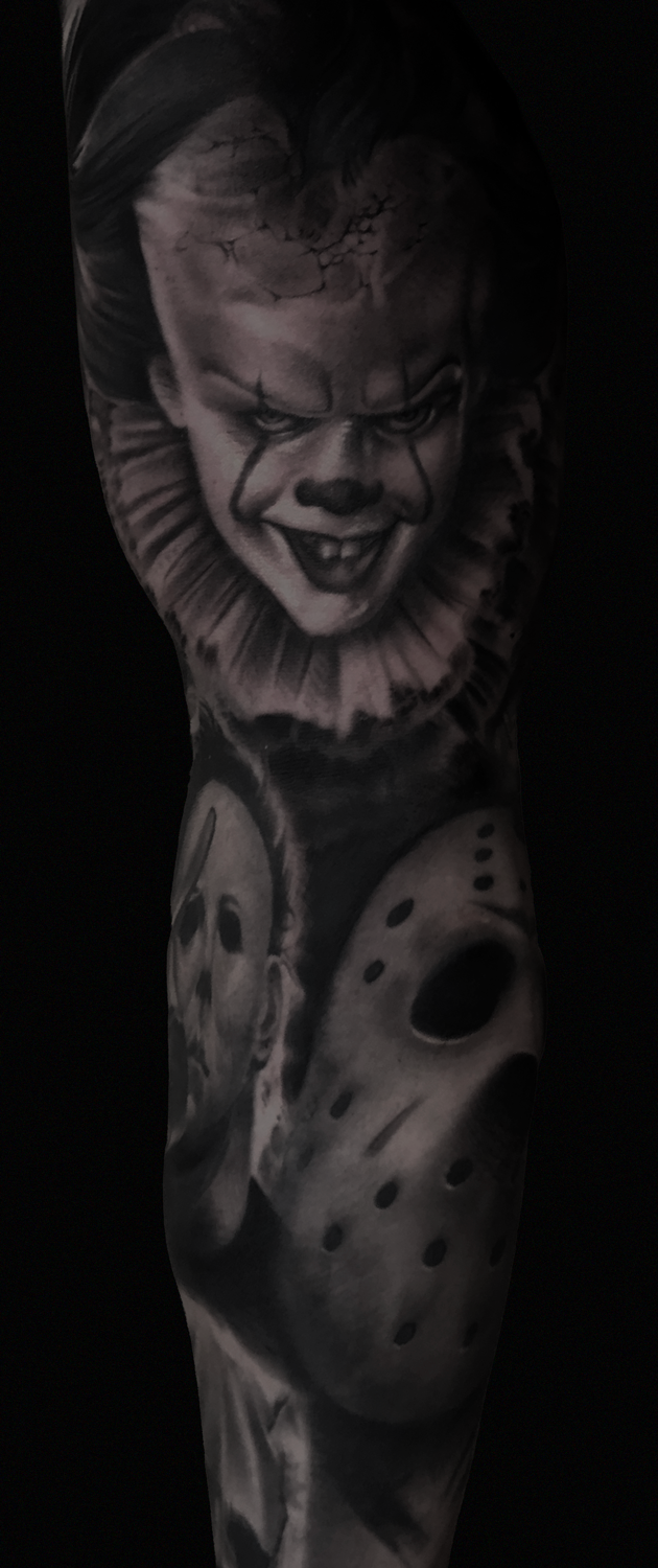 A horror sleeve realistic, portrait, tattoo featuring horror, movie figures like Pennywise from Stephen King, Jason Voorhees from predator 13th series and Michael Myers from Halloween