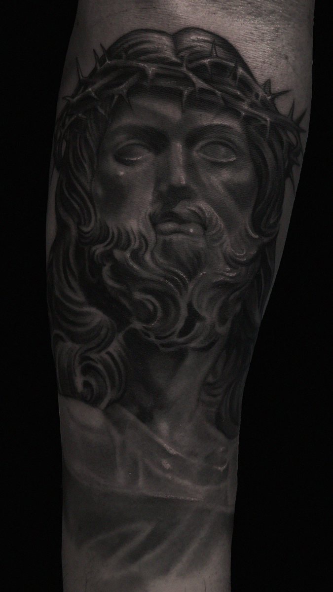 A hyper, realistic, black and gray portrait of Jesus in the style of Bernini by Jewp