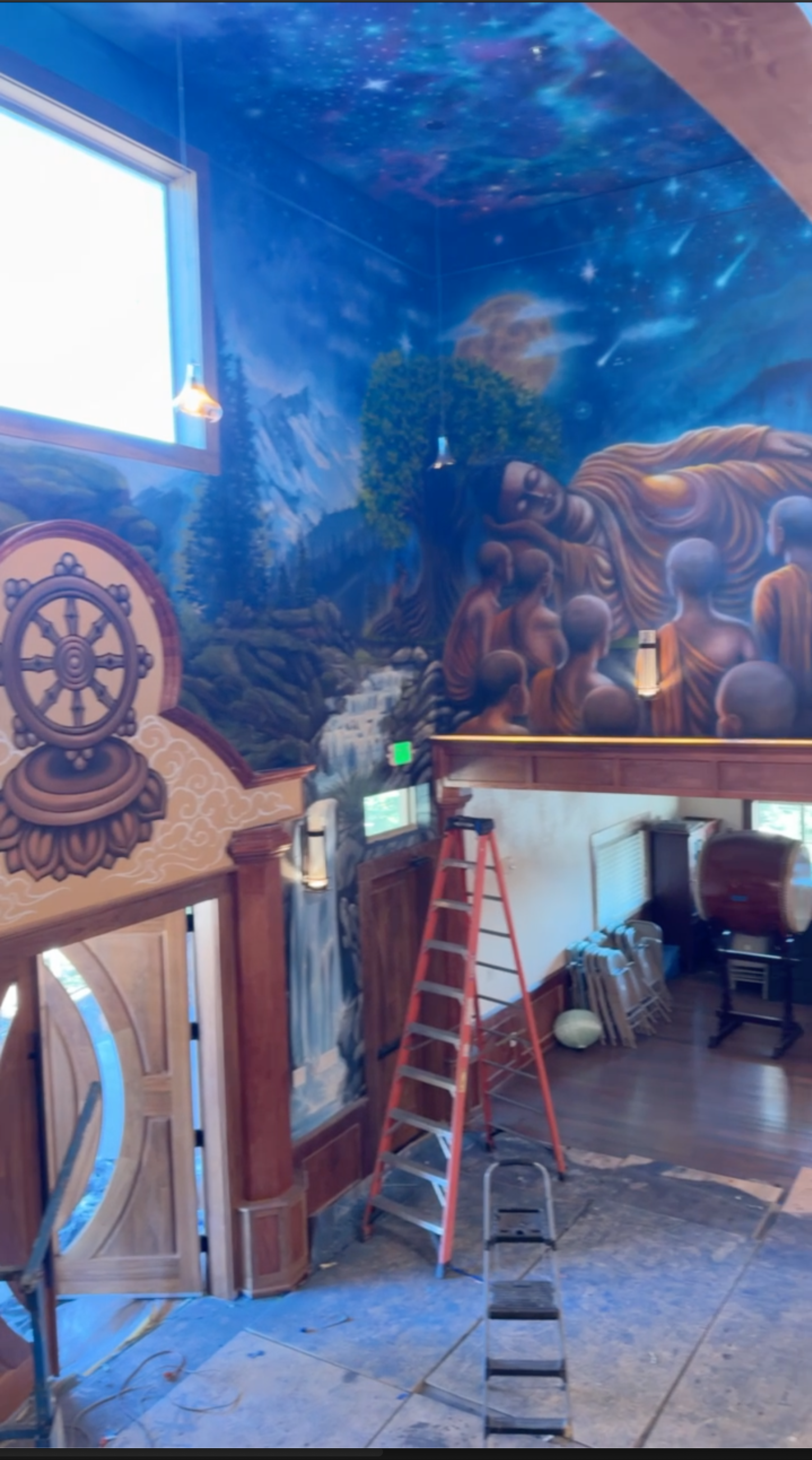 In progress view from lift of Nirvana Buddha Mural