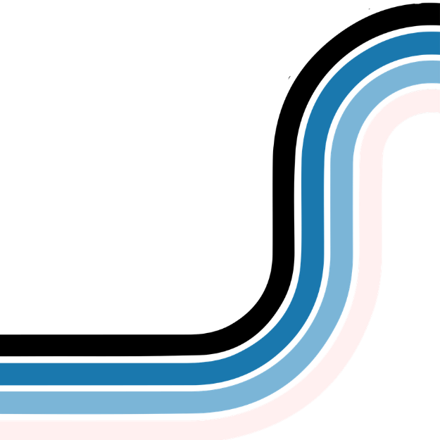 A stylized, multicolored design with curving lines in blue, white, and black arranged in a flowing, wavy pattern.