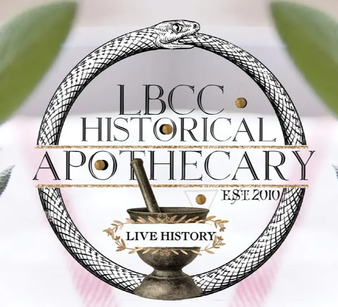 Logo for LBCC Historical Apologetics featuring a snake, a mortar and pestle, and the words "LBCC Historical Apothecary EST 2010 Live History."
