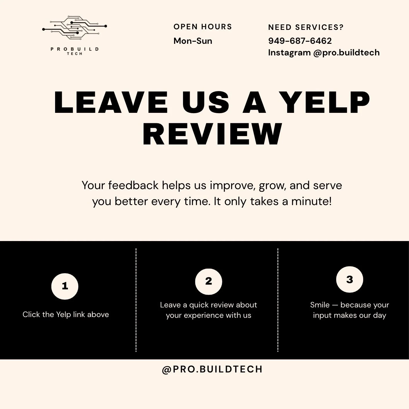 ⭐️ Love our service? Tell the internet! ⭐️

If we&rsquo;ve helped get your PC back up and running or built your PC, we&rsquo;d truly appreciate a quick Yelp review. Your feedback helps our small business grow and lets others know they&rsquo;re in goo