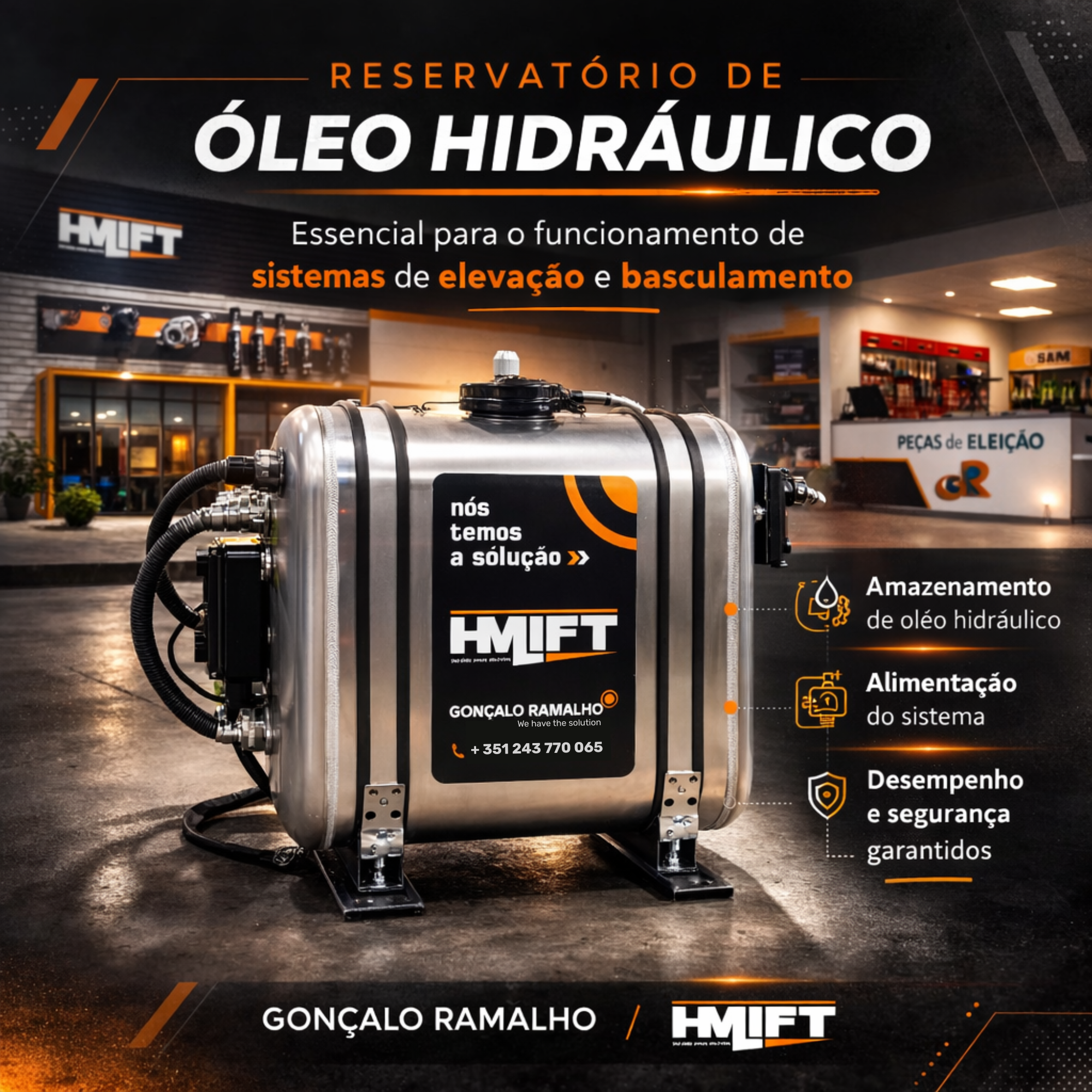Imagem de um reservatório de óleo hidráulico em um ambiente comercial, com o nome Gonçalo Ramalho e a frase 'Nós temos a solução'. Possui detalhes de equipamentos e um painel de exibição ao fundo.