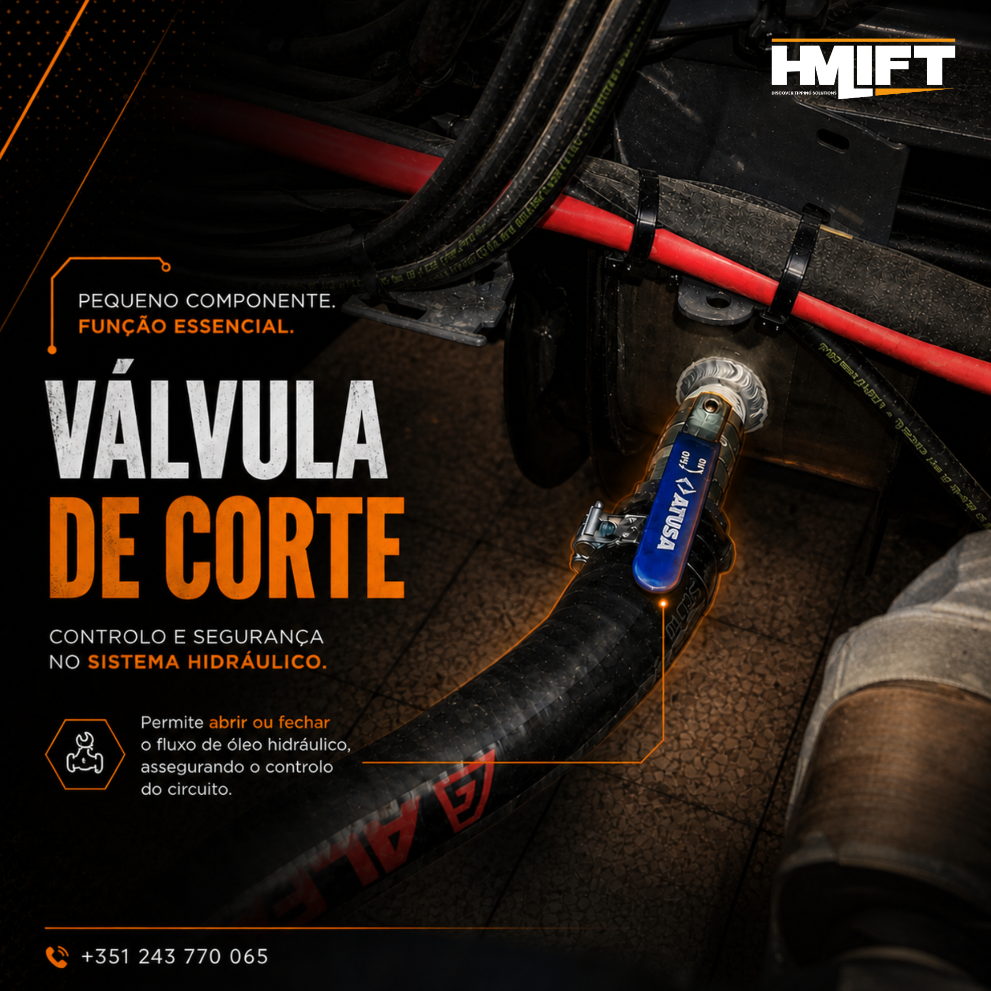 Imagem de uma instalação hidráulica com cabos e tubos, com destaque para uma ferramenta elétrica azul. Texto sobre a importância de componentes pequenos na segurança e controle de um sistema hidráulico.