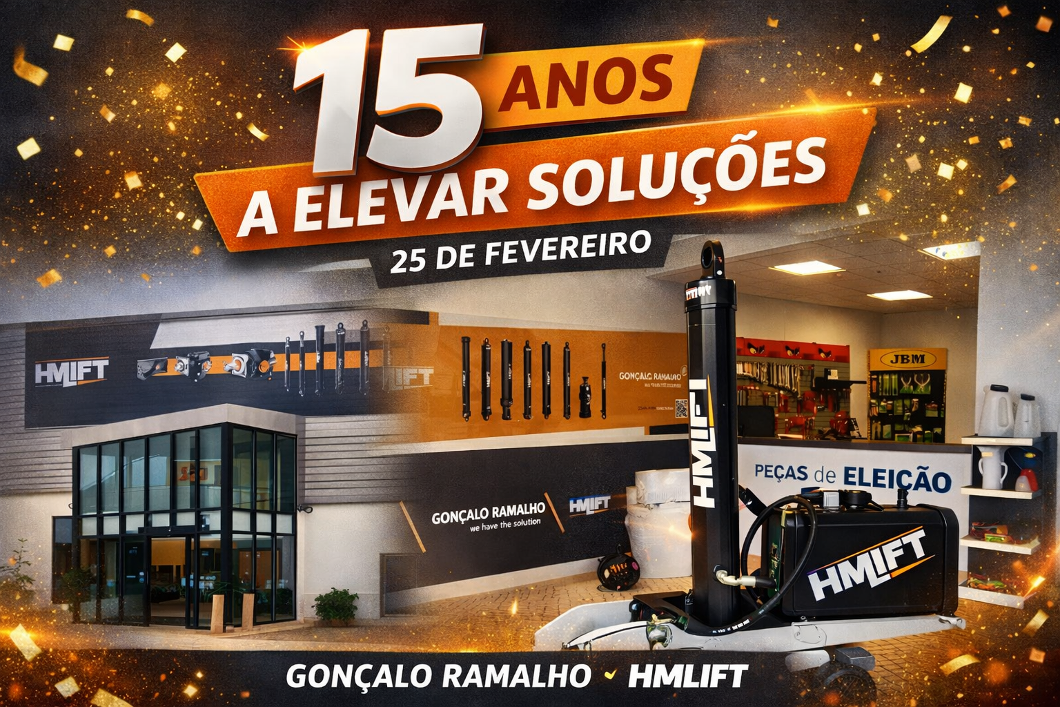 Imagem comemorativa de 15 anos da Gonçalo Ramalho e HMLIFT, com destaque para o evento no dia 25 de fevereiro, mostrando uma fachada da loja, vários produtos na parede, uma máquina de lifting e prateleiras com peças de eleição, decorada com efeitos de brilho e confetes