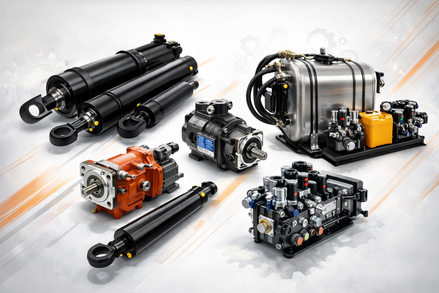 Conjunto de componentes hidráulicos, incluindo cilindros, bombas e reservatórios, utilizados em sistemas de automação industrial.