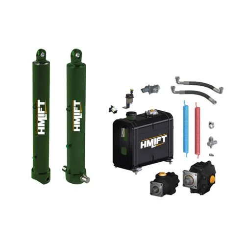 Componentes de um sistema de suspensão a ar da marca HMLFT, incluindo cilindros de gás, compressor, tanques de ar, válvulas, mangueiras, filtros e acessórios hidráulicos.