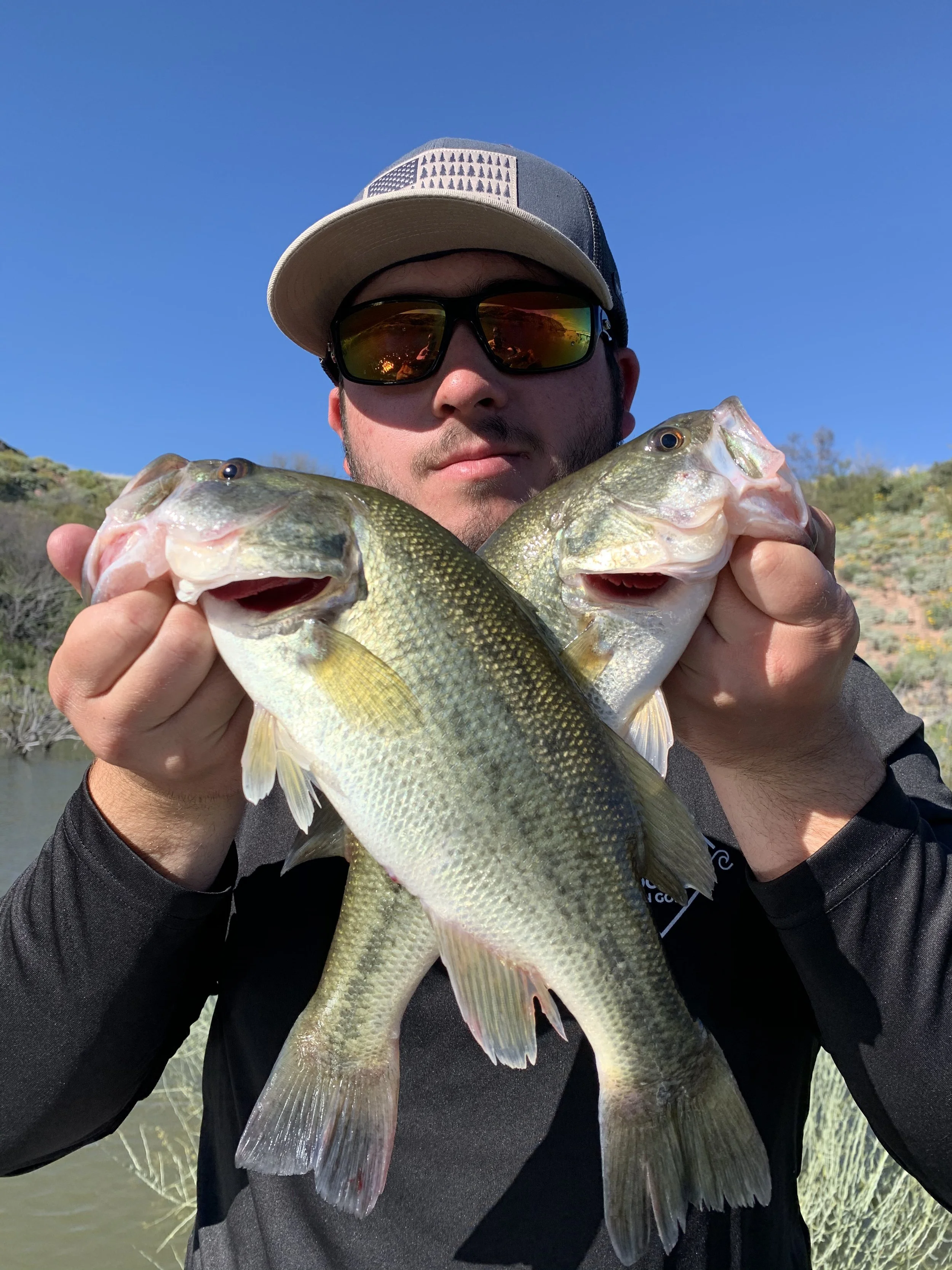Man wearing a cap and sunglasses holding two large fish in front of him outdoors with a blue sky and natural scenery in the background.