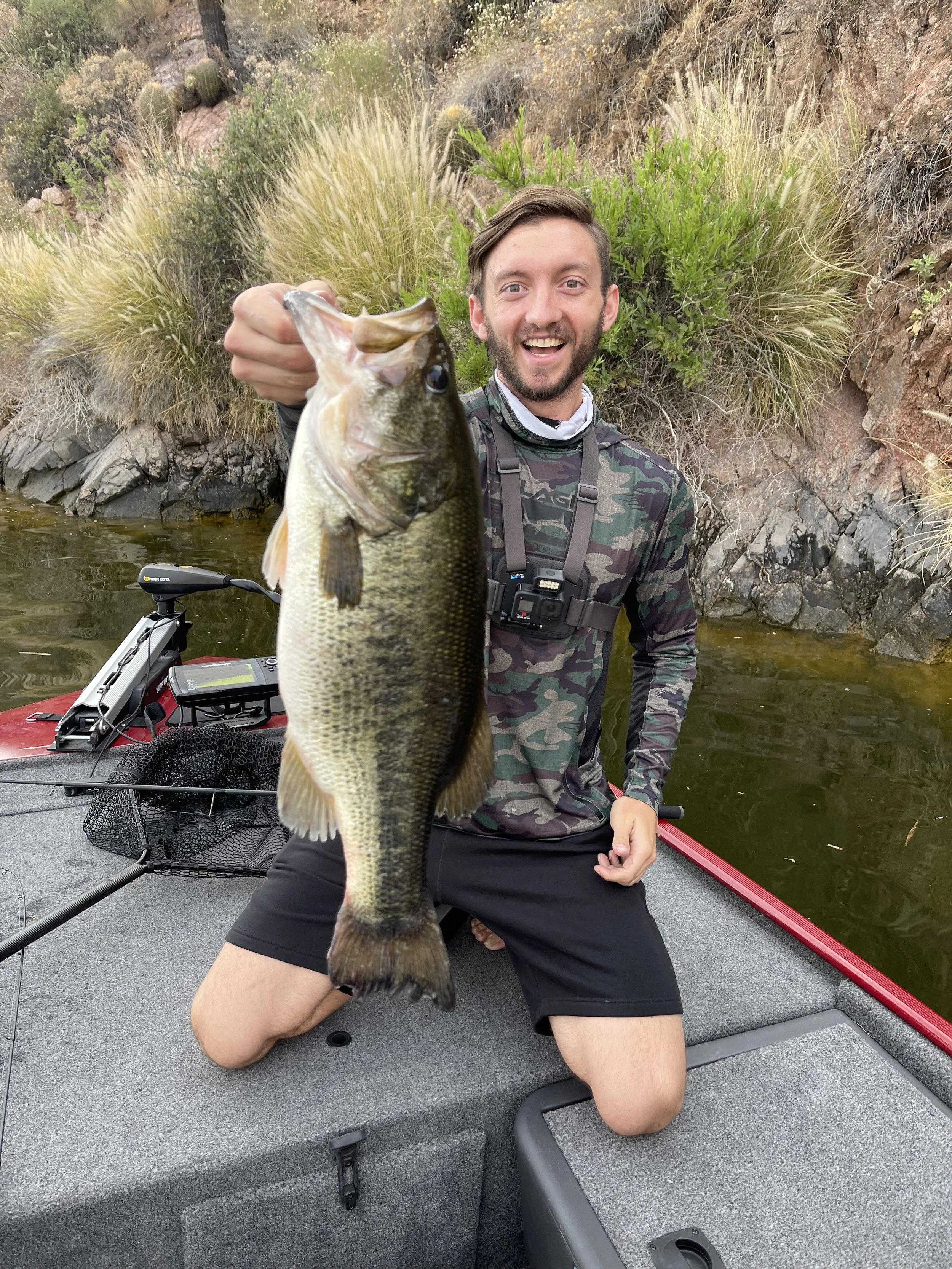 Man in camouflage shirtkneeling on boat holding large fish with rocky and grassy shoreline in the background.