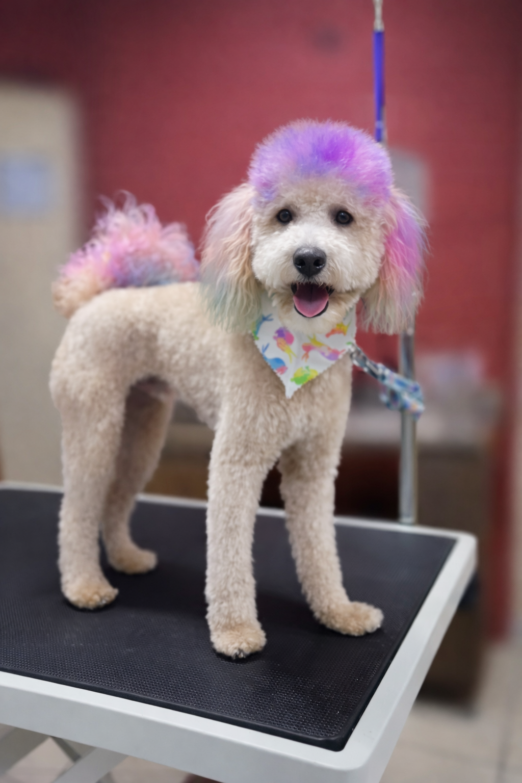 A dog with a colorful, rainbow-like dye on its head and tail, standing on a grooming table, wearing a bandana with a fish pattern.