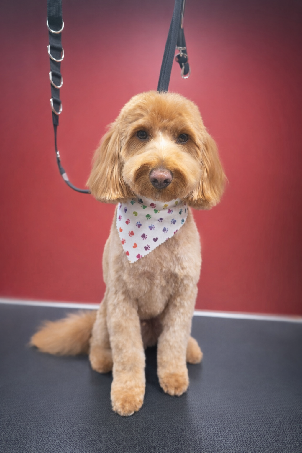 A cute, golden-brown dog with floppy ears and a fluffy tail sitting on a grooming table against a red wall. The dog wears a white bandana decorated with colorful paw prints and is attached to a black grooming leash hanging from above.